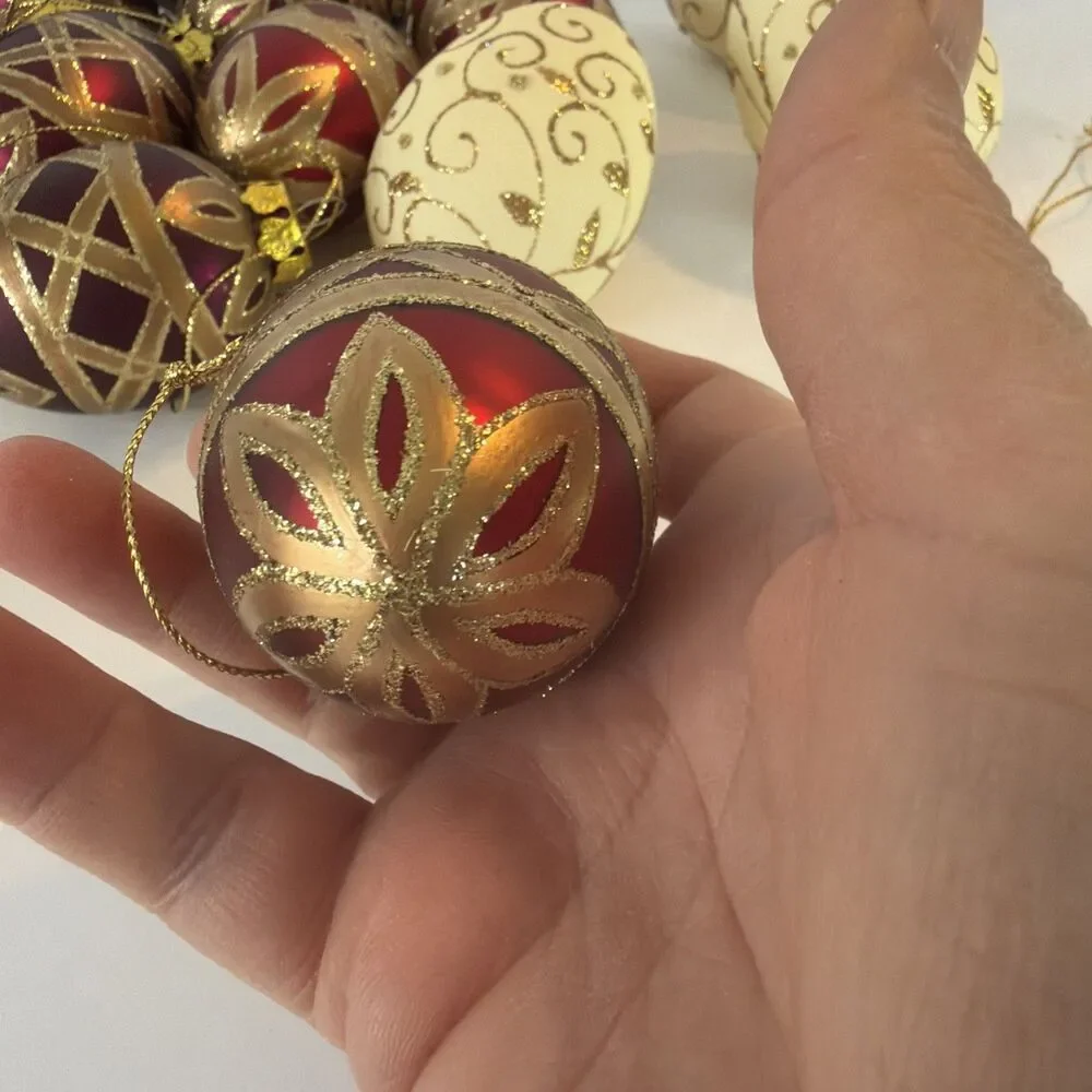 12 Shatterproof Egg Christmas Ornaments Burgundy White Gold Glittered Floral Lot